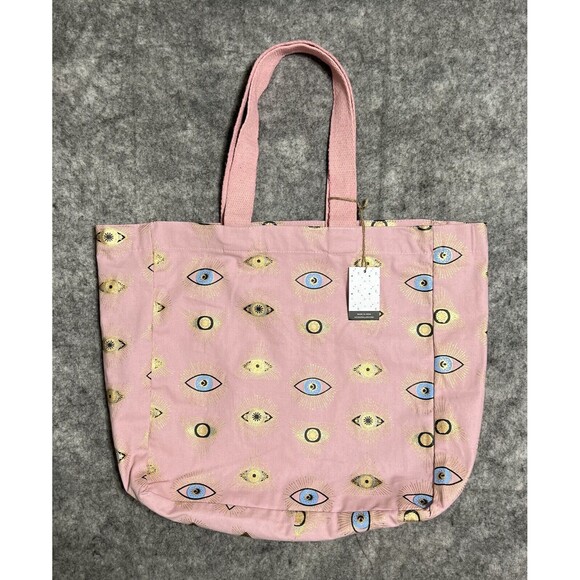 EVIL EYE Cotton Canvas Tote Bag Pink BOHO Reusable Shopping Bag - Picture 1 of 17